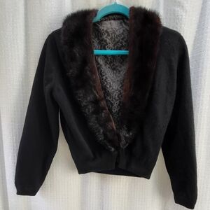 Vintage 1950's Cashmere Cardigan Sweater Mink Collar
